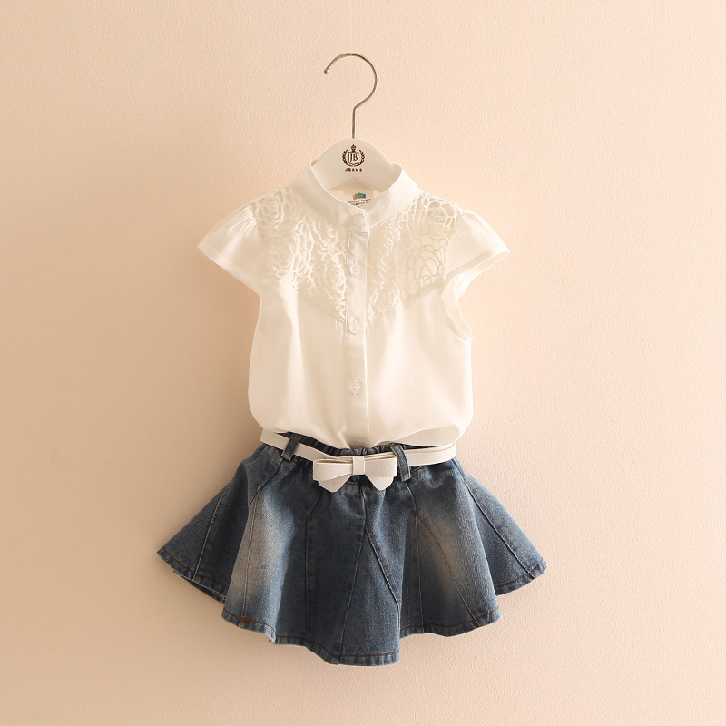 寶寶提花短袖套裝 夏裝韓版女童童裝 兒童牛仔短裙子tz-2860